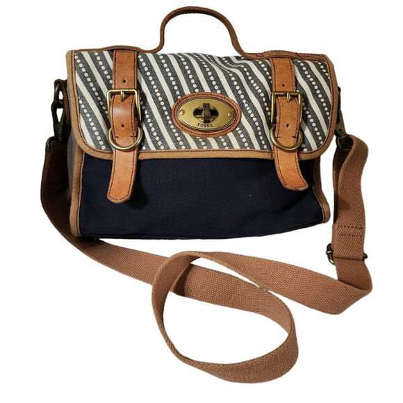 Fossil Brand Canvas Flap Twist Lock Messenger Bag Crossbody Purse Blue Leahter - Picture 1 of 13